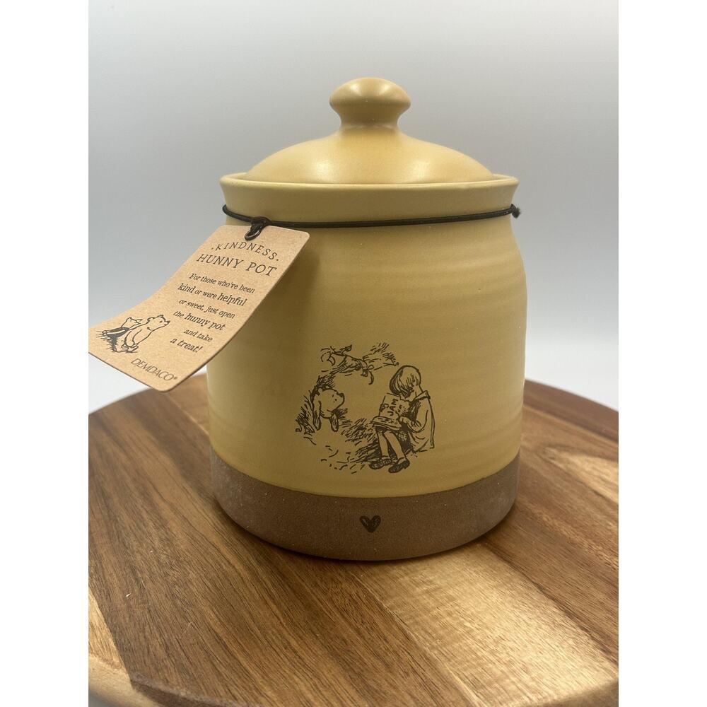 DEMDACO Kindness Hunny Pot Winnie The Pooh Stoneware Cookie Jar Yellow Lidded 8”